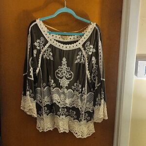 Democracy Brown and Cream Lace Blouse, Size L